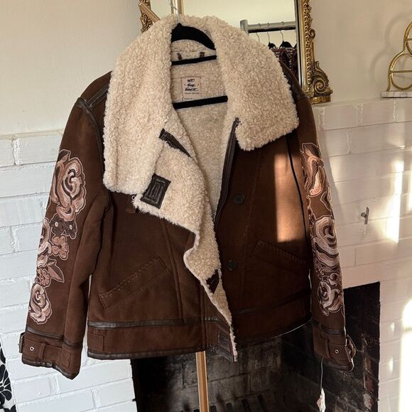 Free People Andies Vegan Moto Jacket We The Free Faux Fur Brown Floral - Picture 5 of 9